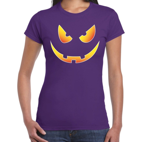 Halloween Scary face verkleed t-shirt paars voor dames XL -