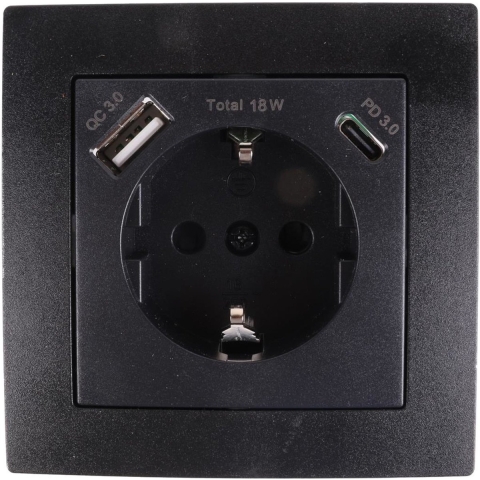 Benson inbouw stopcontact RA + USB en USB-C zwart - 4650032