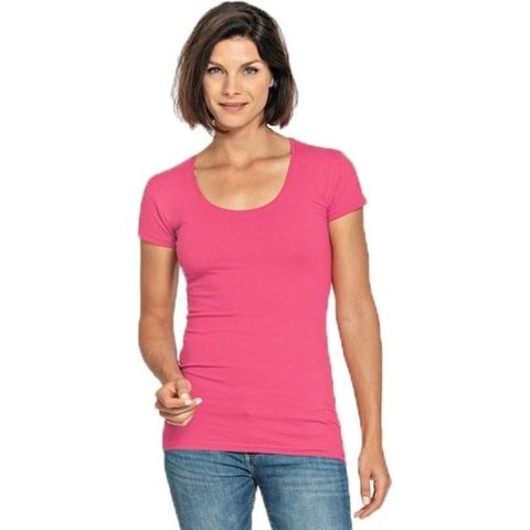 Bodyfit dames t-shirt fuchsia roze met ronde hals S (36) -