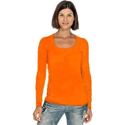 Lemon & Soda Bodyfit dames shirt lange mouwen - oranje - Dameskleding basic t-shirts S (36) -