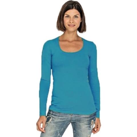 Lemon & Soda Bodyfit dames shirt lange mouwen - turquoise - Dameskleding basic t-shirts S (36) -