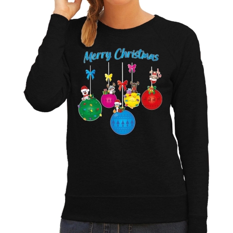 Foute Kersttrui/sweater voor dames - kerstballen - zwart - kerstdiertjes - Merry Christmas L -