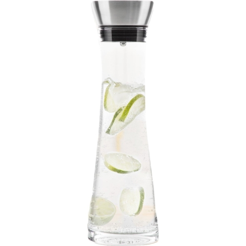 Karaf/schenkkan met filter - 1 liter - glas - RVS - schenktuit - D10 x H34 cm -