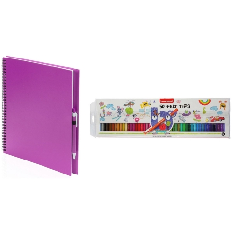 Schetsboek/tekenboek roze met 50 viltstiften -