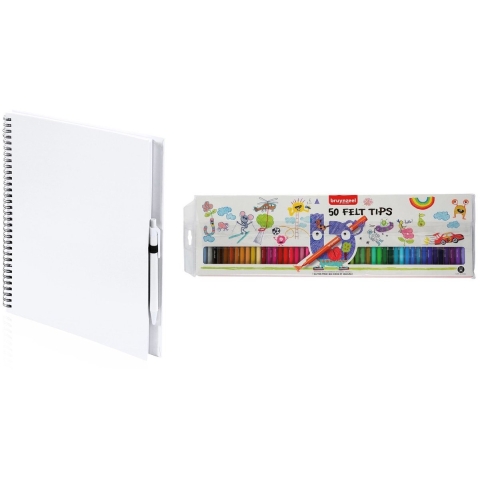 Schetsboek/tekenboek wit met 50 viltstiften -