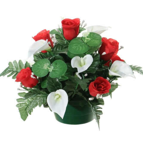 Kunstbloemen plantje in pot - wit/rood - 26 cm - Bloemstuk ornament - met bladgroen -