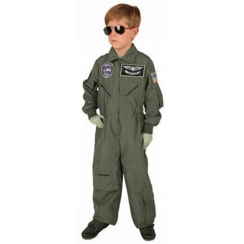 Leger piloot carnaval verkleed kostuum - jumpsuit - voor kinderen - groene overall 140 -