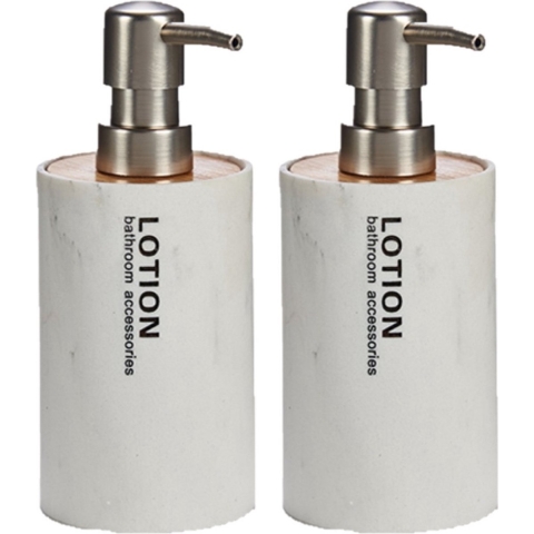 2x stuks zeeppompjes/zeepdispensers marmer wit kunststof 350 ml -