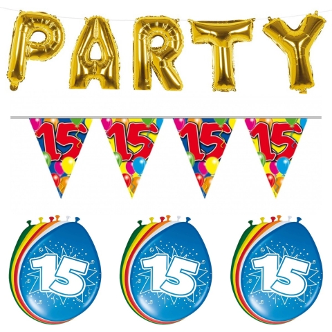 Verjaardag feestversiering 15 jaar PARTY letters en 16x ballonnen met 2x plastic vlaggetjes -