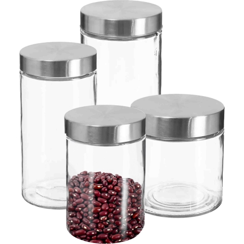 Set van 4x keuken voorraadbussen/potten glas RVS deksel - 4 formaten -