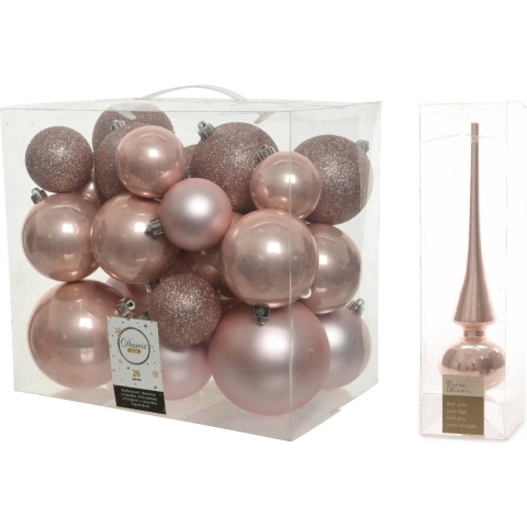 Kerstversiering kunststof kerstballen met piek lichtroze 6-8-10 cm pakket van 27x stuks -