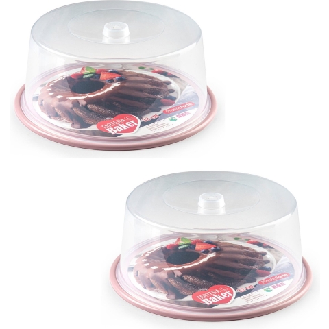 2x stuks ronde taart/gebak bewaardoos transparant 32 x 15 cm met roze bodem -