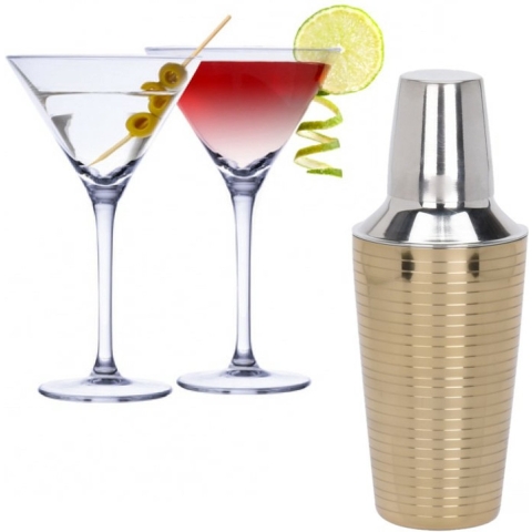 Set van 4x Martini cocktailglazen met goud gestreepte cocktailshaker RVS -