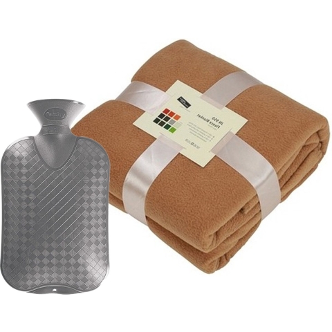 Fleece deken/plaid - camel bruin - 130 x 170 cm - kruik - 2 liter -