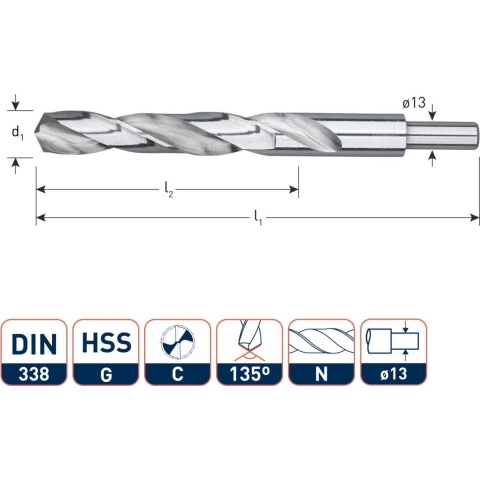 Rotec HSS-G spiraalboor, DIN 338, type N, d2=13, ø15,0 - 1051500
