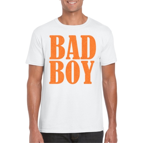Foute party t-shirt voor heren - Bad Boy - wit - glitter - carnaval/themafeest M -