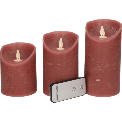 Anna's Collection Stompkaarsen - 3x st - donkerroze - LED kaarsen - afstandsbediening -