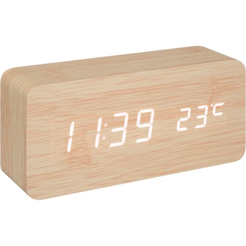 Tafelklok/wekker Seqoia - beige - MDF - 15 x 7 cm - Digitale tijd en temperatuur -