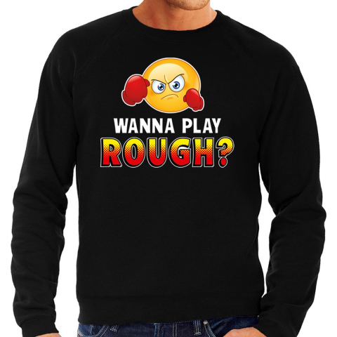 Funny emoticon sweater Wanna play rough zwart heren XL (54) -