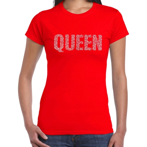 Glitter Queen t-shirt rood rhinestones steentjes voor dames - Glitter shirt/ outfit M -
