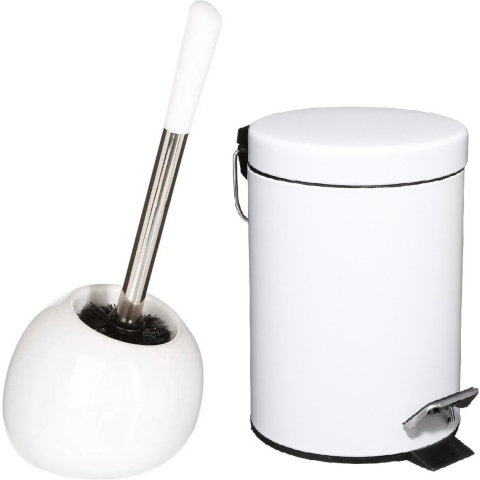 Badkamer/toilet accessoires - WC-borstel en pedaalemmer - metaal - wit -
