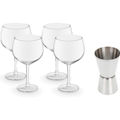 4x Gin Tonic / cocktail glazen transparant 650 ml met RVS maatbeker / barmaatje -