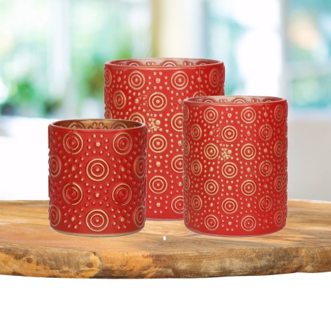Theelichthouders set - 3x - rood/goud - glas - luxe kaarsenhouders -