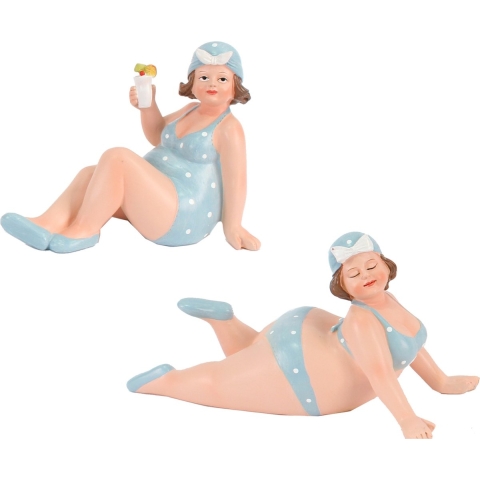 Woonkamer decoratie beeldjes set van 2 dikke dames - blauw badpak - 17 cm -