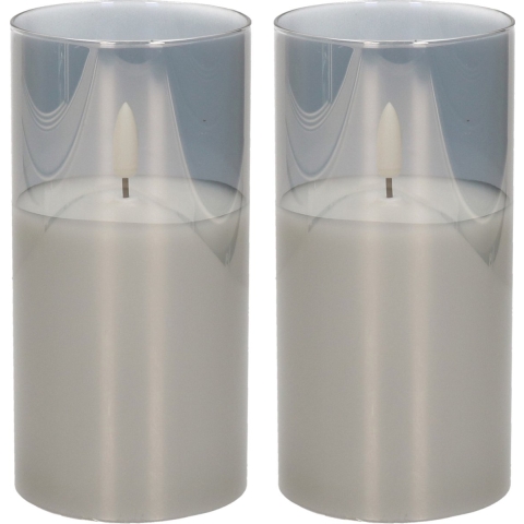2x stuks luxe led kaarsen in grijs glas D7,5 x H15 cm met timer -