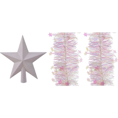 Set van een kerst ster piek en 2x stuks kerstslingers parelmoer wit 270 x 10 cm -