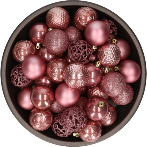 37x stuks kunststof kerstballen oudroze (velvet pink) 6 cm glans/mat/glitter mix -