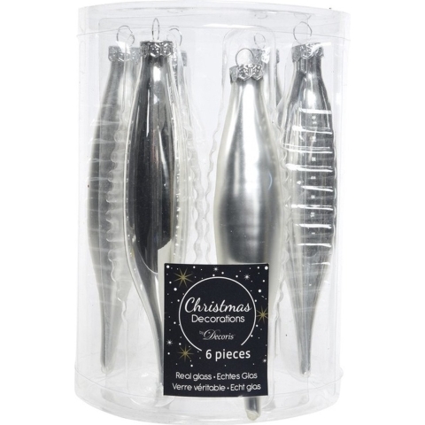 Decoris kerstbal pegels - 18x - zilver - D15 cm - glas - kersthangers - ijspegels -