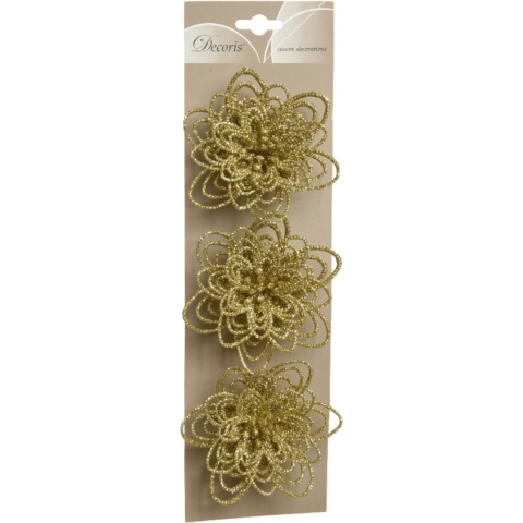 18x stuks decoratie bloemen goud glitter op clip 11 cm -