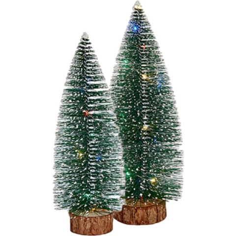 Kleine/mini decoratie kerstboompjes set van 2x st met gekleurd licht 30-35 cm -