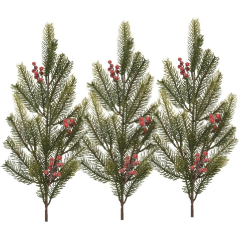Kersttakken/dennentakken - 3x - groot - groen met bessen - 77 cm -