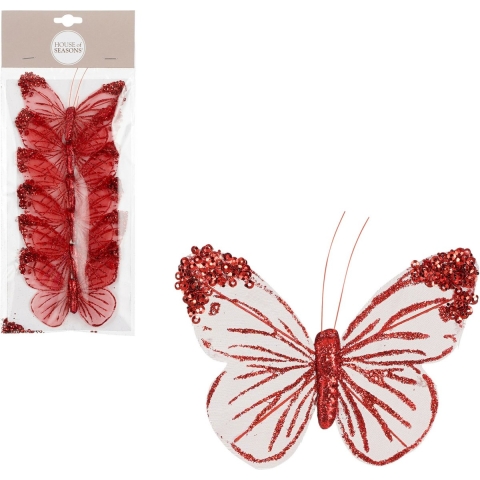 Kerstboomversiering vlinders op clip - 12x st - rood/wit - 10 cm - organza -