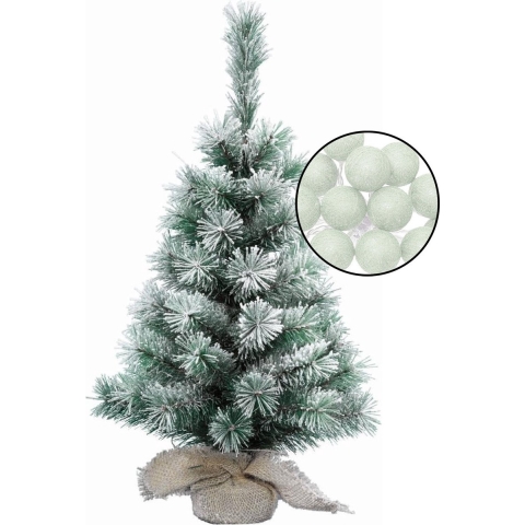 Kleine kunst kerstboom met sneeuw -incl. lichtslinger bollen lichtgroen - H60 cm -