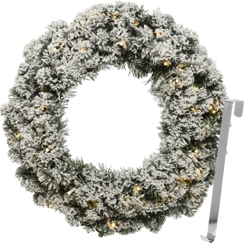 Kerstkrans 50 cm - groen met led - besneeuwd - met zilveren hanger/ophanghaak -