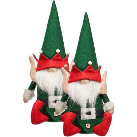 Krist+ kerstelf knuffels - 2x - 35 cm - pluche - groen/rood - kerstknuffel elf -