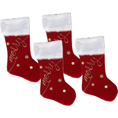 Decoratie kerstsokken - 4x - rood/goud - B27 x H46 cm - polyester - Merry -