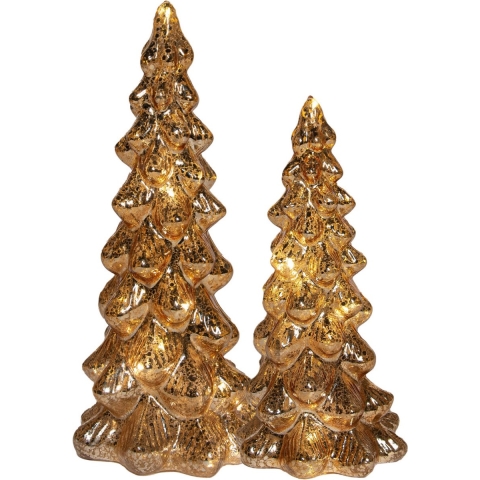Kerstboom beeldjes - 2x st - goud - H20 en H25 cm - glas - met LED verlichting -