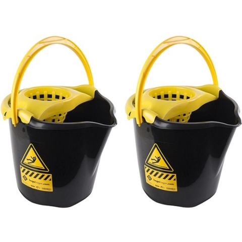 2x Dweilemmers/mopemmers 13,5 liter zwart/geel caution 32 x 30 cm -