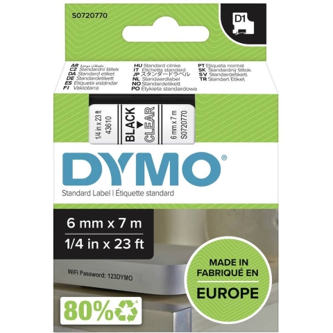 Labeltape DYMO D1 43610 Polyester Tapekleur: Transparant Tekstkleur:Zwart 6 mm 7 m