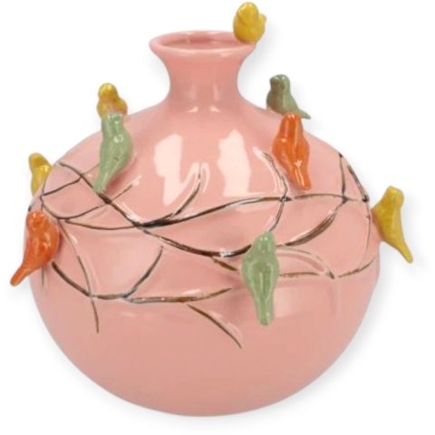 Vaas Spring birds - roze - keramiek - D18 x H18 cm - bloemenvaas -