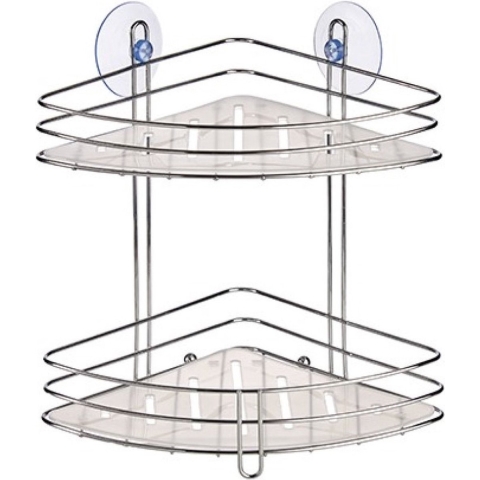Chroom doucherek/badkamerrek hoek - 2-laags - met zuignappen - 20 x 27 cm -