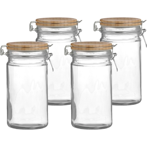 Weckpot/inmaakpot - 4x - 1L - glas - met beugelsluiting - bamboe deksel -