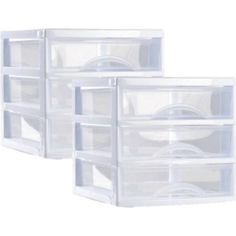 Ladeblokje/bureau organizer 2x lades - wit/transparant - L18 x B21 x H17 cm - plastic -