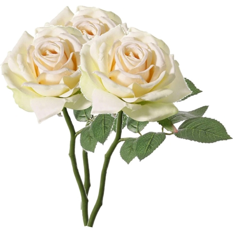Kunstbloem Roos de luxe - 3x - creme wit - 30 cm - kunststof steel - decoratie bloemen -