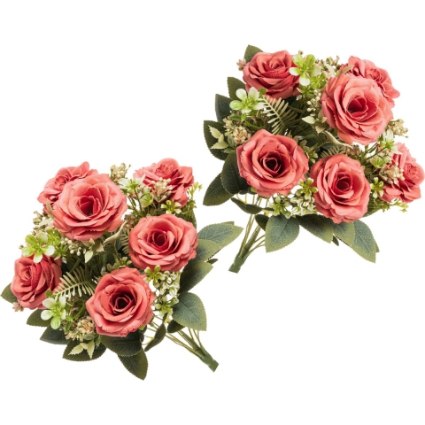 Rozen kunstbloemen boeket - 2x - roze - H43 cm -