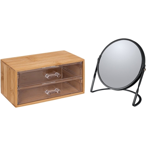 Make-up organizer en spiegel set - 2 lades - bamboe/kunststof - 5x zoom spiegel -